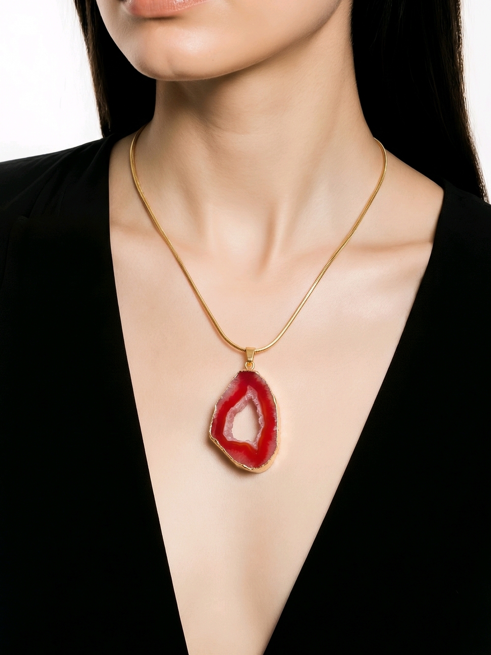Red Agate Slice Pendant Necklace Gold Druzy Statement Bold Luxe Passion Jewelry